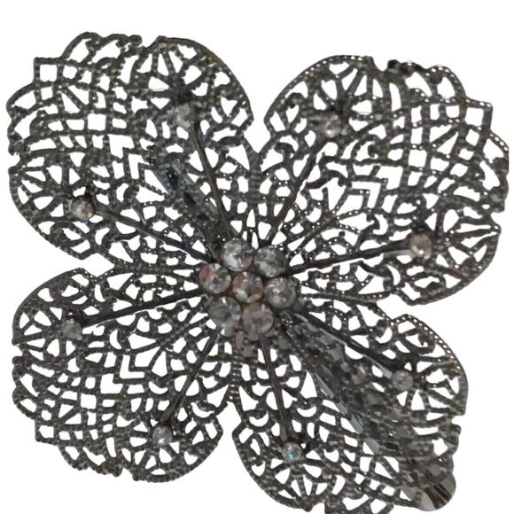 Metallic Rhinestone Flower Hair Clip Large Intricate Metal Work Gray Duckbill - Picture 4 of 8